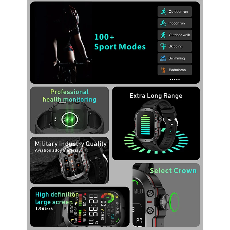 2024 New For Xiaomi Military Smart Watch Men IP68 5ATM Outdoor Sports Fitness Tracker Health Monitor 1.96" BT Call Smartwatch - Image 3